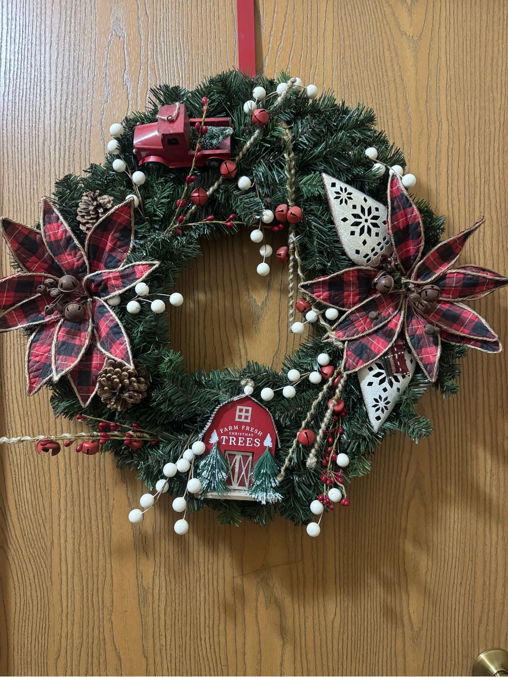 Festive Red Plaid Holiday Wreath with Berries and Truck